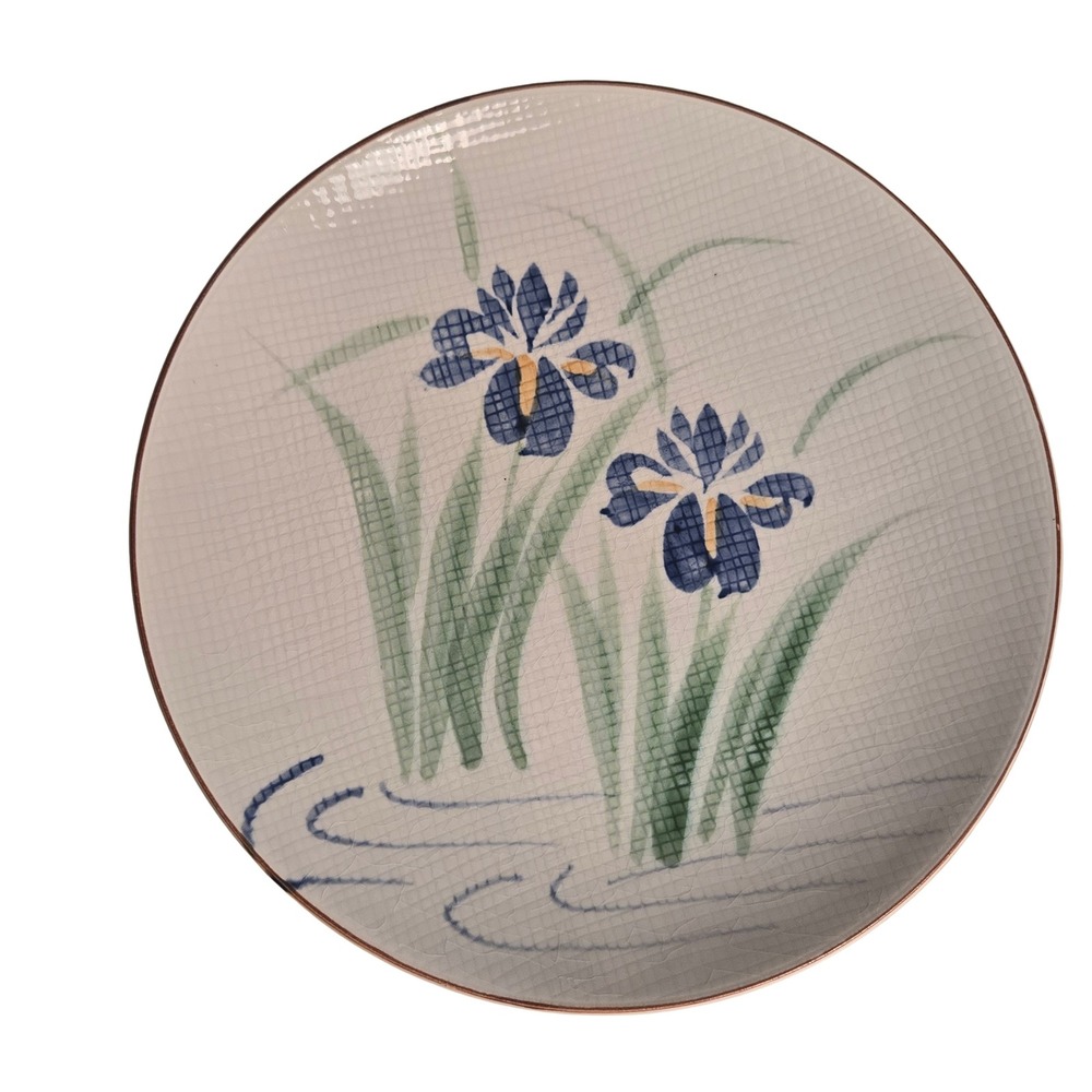 Ono Japan Hand Painted Iris Crackle Glaze Ceramic Plate Blue‎ Floral Vtg 12.25"
